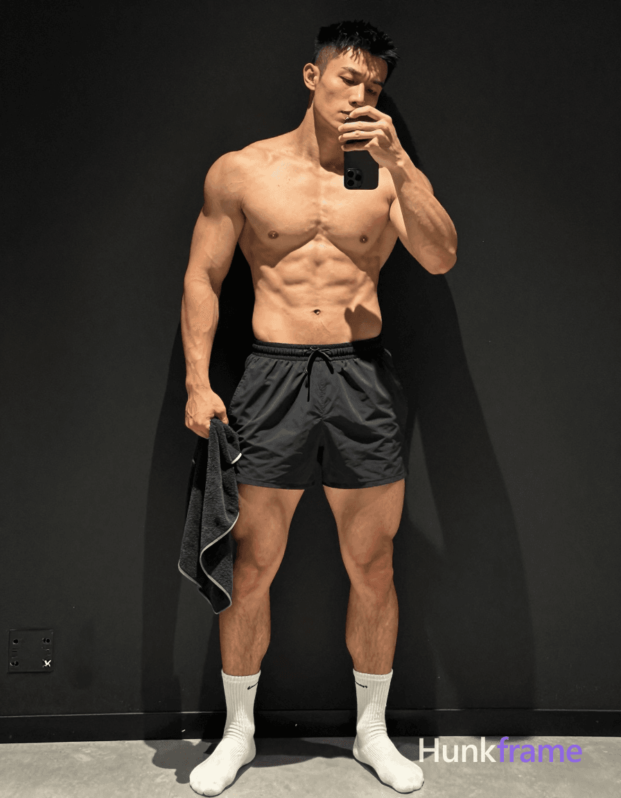 photoreal photograph of a handsome muscular man with defined abs and thick thighs. He is shirtless,