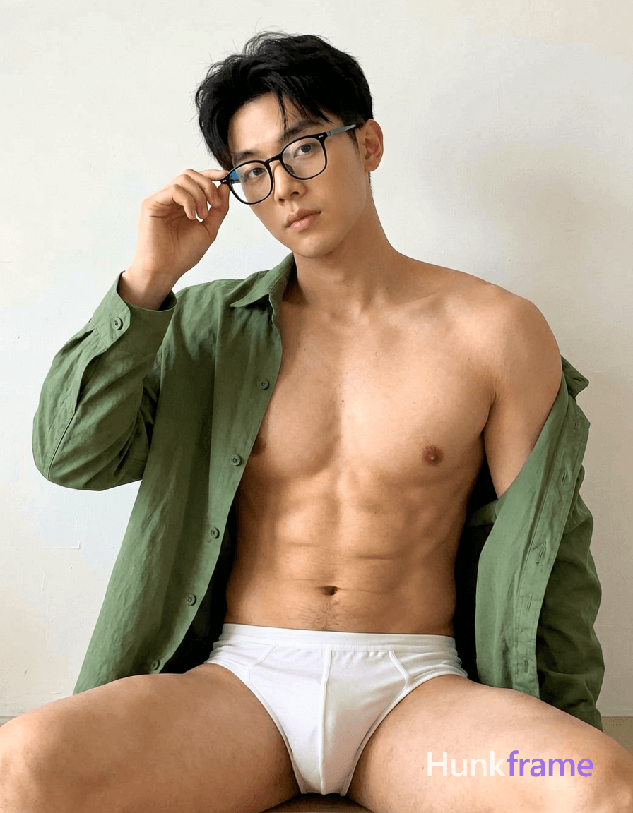A stylish and artistic portrait of a handsome man with glasses, seated and holding them near his