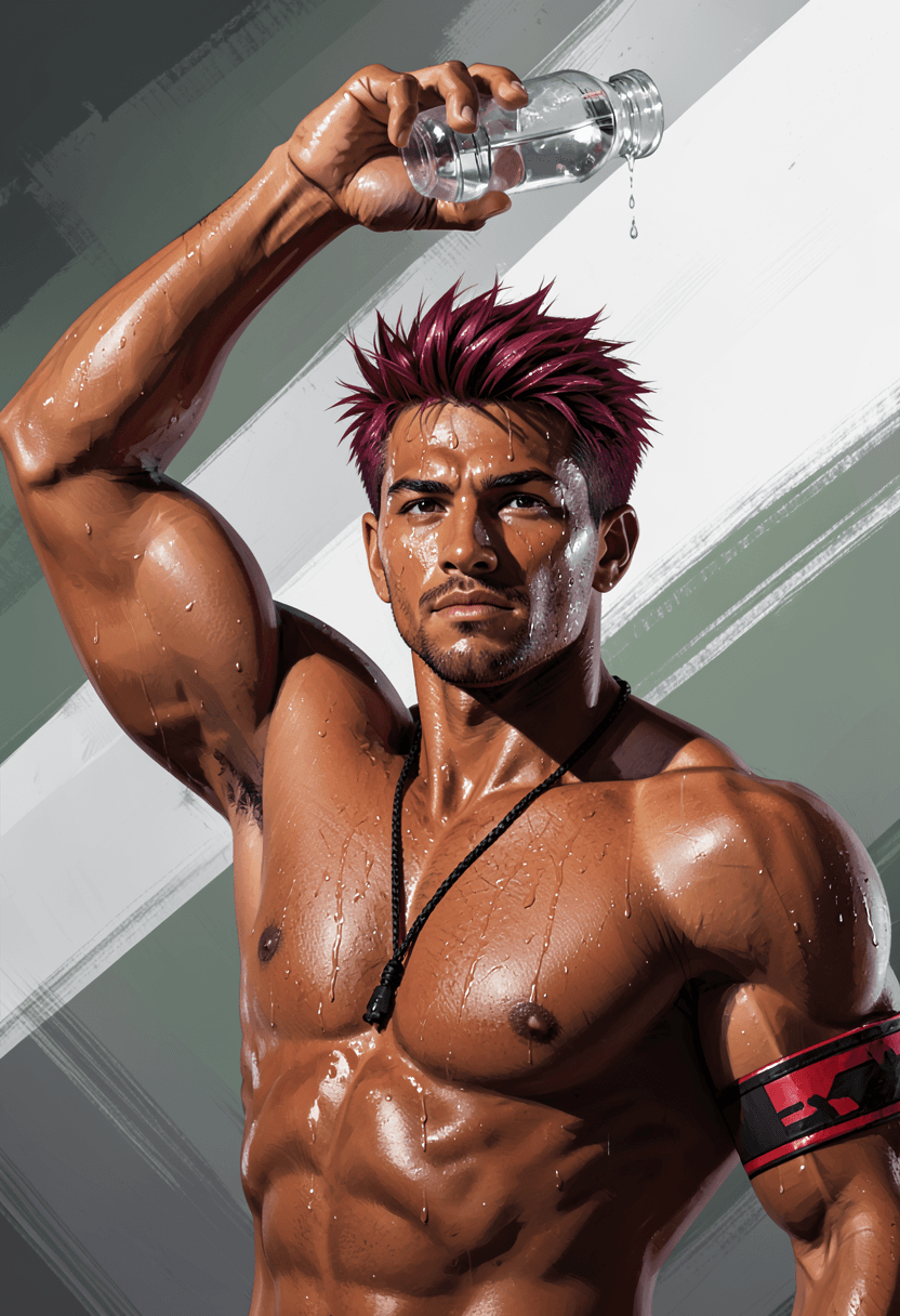 A handsome medium-brown skinned man with short spiky reddish-purple hair and sweat droplets stan