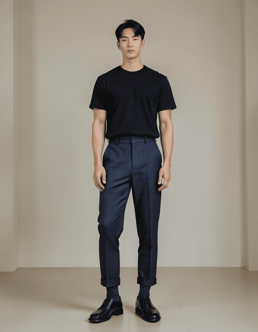 freshly generated candid Xiaohongshu lifestyle photo, brand new full-body composition with a different pose, camera angle and background, both hands relaxed, not a mirror selfie, not a copy of any reference image, dark navy trousers with subtle check pattern, cuffed hems revealing dark blue striped socks, black leather cap-toe brogue dress shoes, thick thighs, authentic social-feed lifestyle mood, reference lighting and color treatment: fine-art fashion editorial photography, soft indoor lighting, muted navy/black/beige palette, same aesthetic theme and photo feel as the reference but a different man in a different pose with distinct body proportions, lean Korean man, sharp jaw, monolid eyes, slim swimmer build, natural black hair, a single uninterrupted photograph only, no written words or typography anywhere in frame, no captions, no app UI, no social-media post layout, no screenshot borders