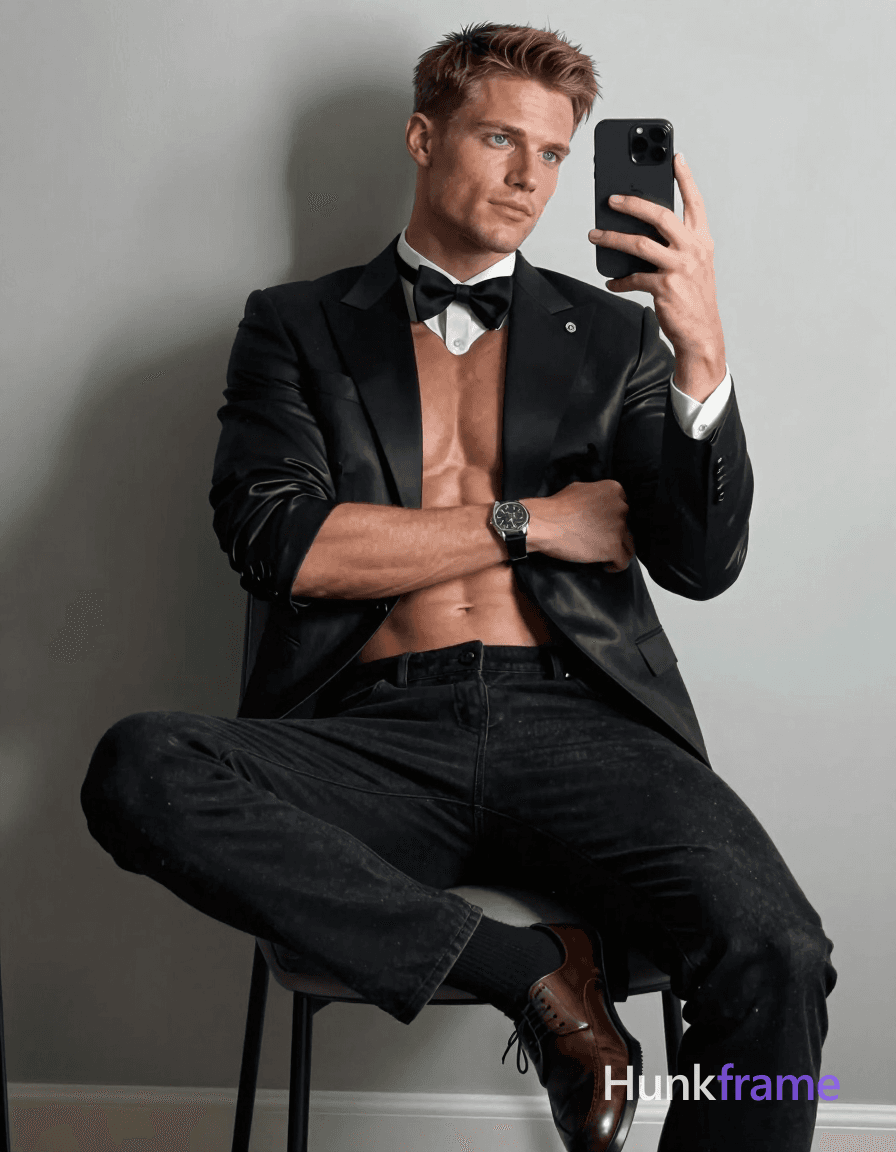 A Scandinavian man with very fair skin and ice blue eyes is seated on a modern chair, leaning slight