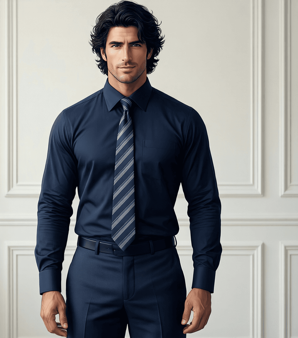 Vertical anime portrait of an adult man standing facing forward with hands relaxed at sides, wea