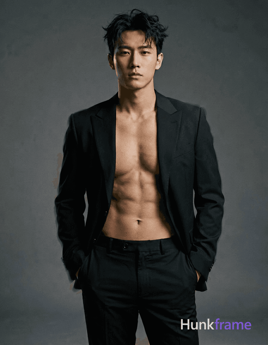 a handsome Asian man standing with hands in pockets against a dark gray backdrop, his torso slightly