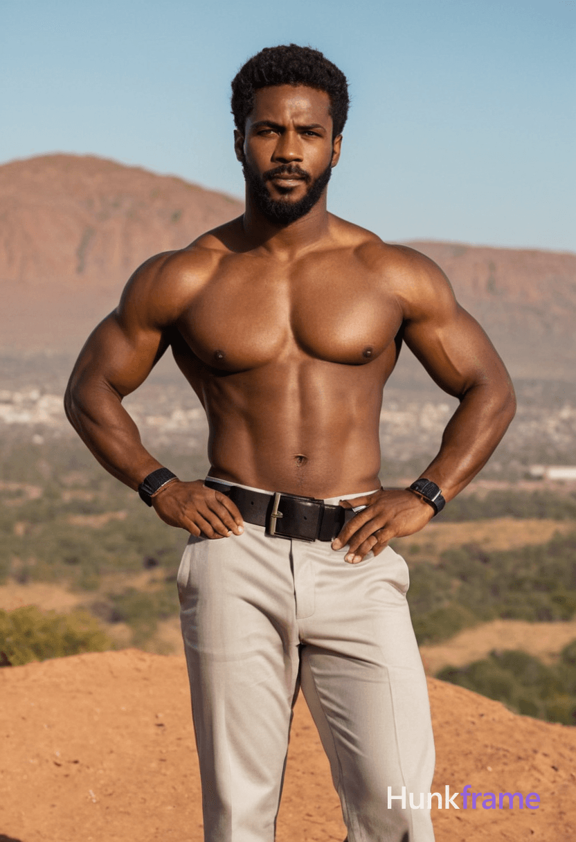 An African man stands topless in a golden hour setting, with warm hues of orange and yellow lighting