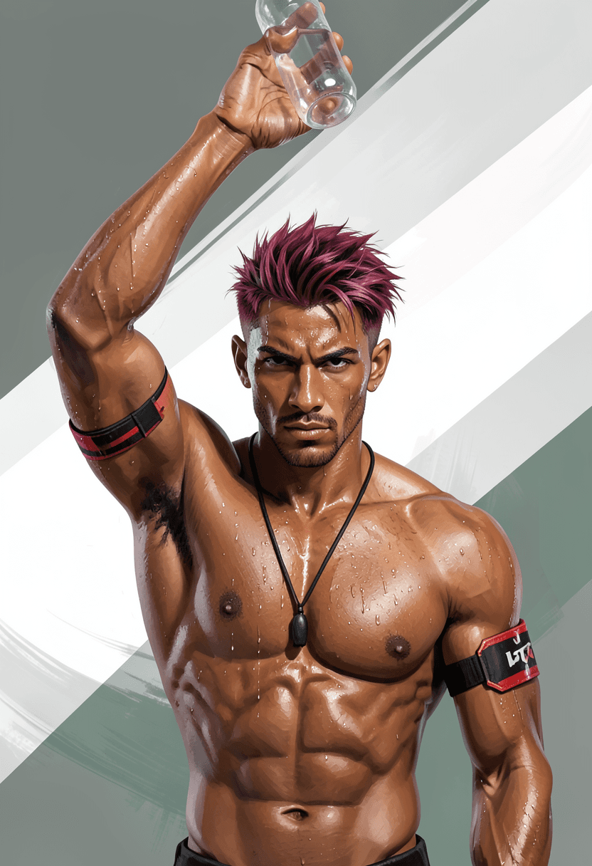 A striking medium-brown skinned man with short spiky reddish-purple hair and sweat droplets stands shirtless, displaying highly muscular chest and shoulders. He holds a transparent bottle above his head while wearing a black cord necklace and red-and-black armband on the left arm against an abstract gray-green-white background with diagonal panels. Clean negative space frames intense focused gaze under soft directional lighting from upper left. The vertical portrait composition uses painterly brushwork to create full-bleed phone wallpaper, emphasizing dynamic motion lines and premium masculine aesthetic., a single uninterrupted photograph only, no written words or typography anywhere in frame, no captions, no app UI, no social-media post layout, no screenshot borders