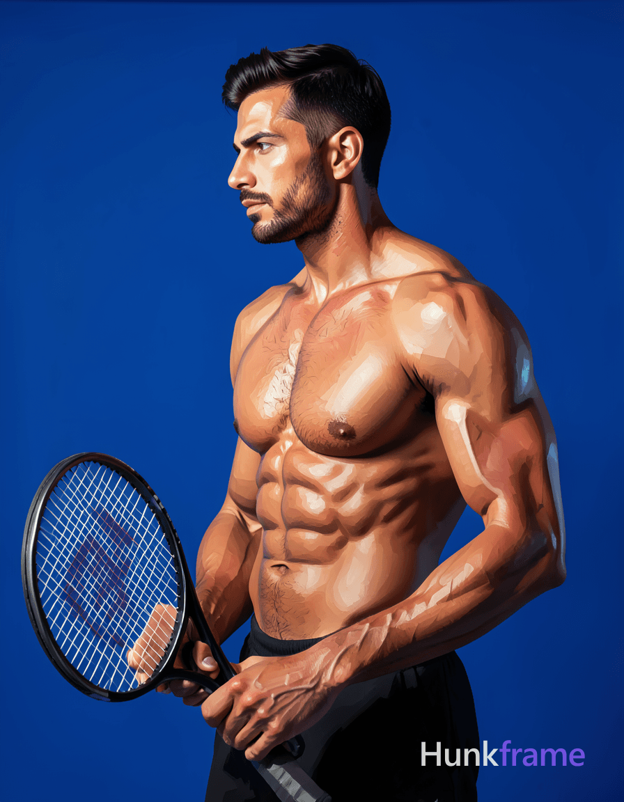 A handsome muscular man stands in three-quarter profile facing left, shirtless with a bare chest