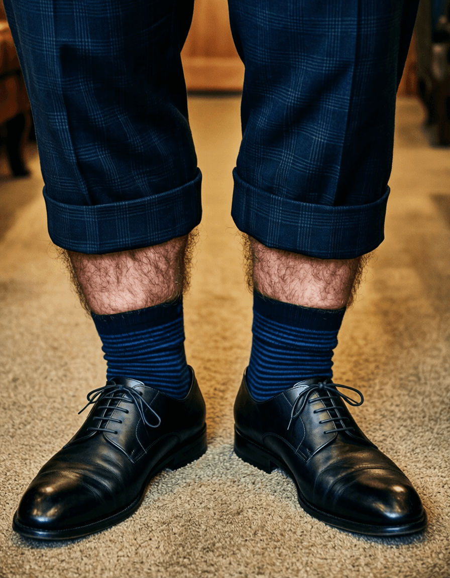 High-angle muscle bear close-up of a big hairy stocky adult man's lower legs and feet standing on carpeted floor. He wears dark navy trousers with subtle check pattern, cuffed hems revealing dark blue striped socks, and black leather cap-toe brogue dress shoes. Warm rugged lighting accentuates thick thighs and dense body hair texture visible at the hemline. Centered vertical composition excludes head to emphasize bear energy and broad lower-body build., same aesthetic theme and photo feel as the reference but a different man in a different pose with distinct body proportions, Scandinavian man, very fair skin, ice blue eyes, Viking-broad shoulders lean waist, a single uninterrupted photograph only, no written words or typography anywhere in frame, no captions, no app UI, no social-media post layout, no screenshot borders