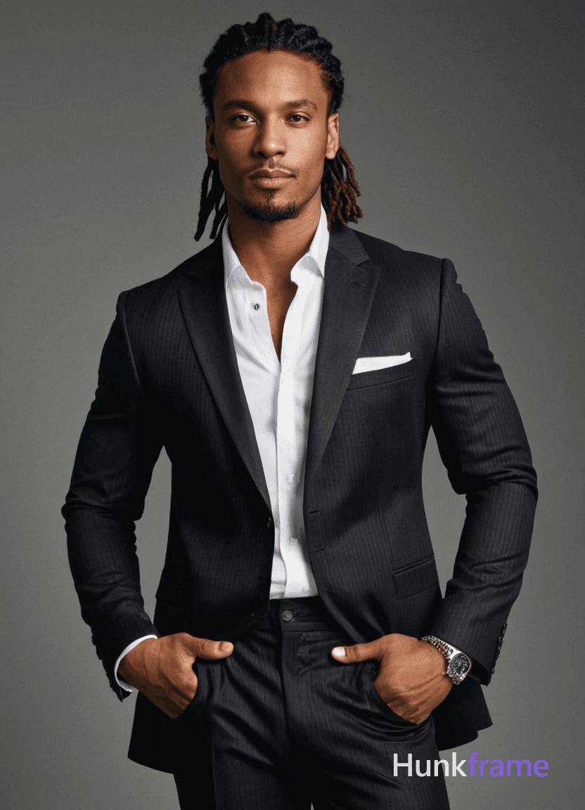 A handsome African man with medium skin, dreadlocks, dark eyes, no glasses or beard, standing confid