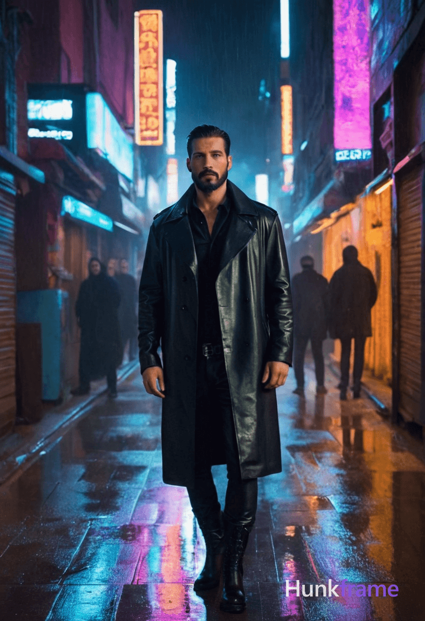 A masculine cyberpunk man stands confidently in a dimly lit alleyway at night. The background is fil