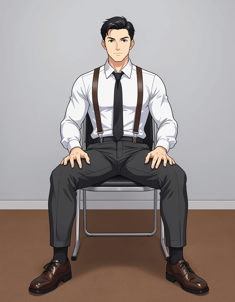 A muscular adult man with light-medium skin and short black hair sits on a metal-framed chair, l