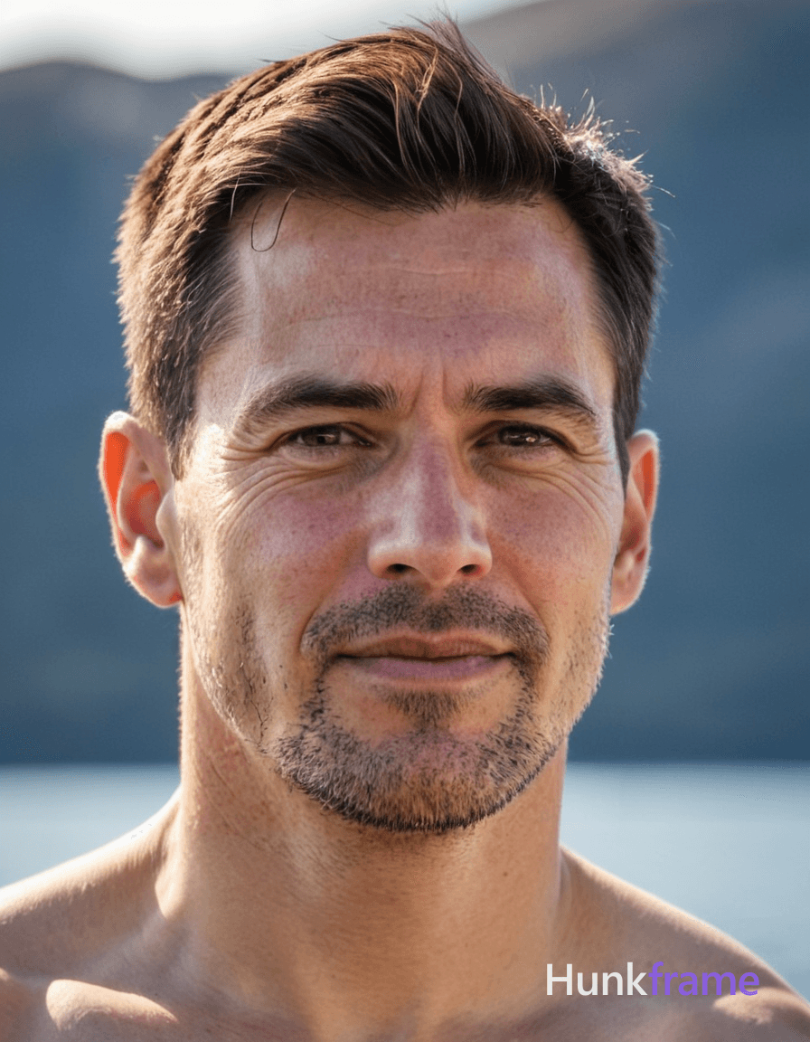 A handsome white man in his thirties with short dark brown hair featuring lighter highlights at