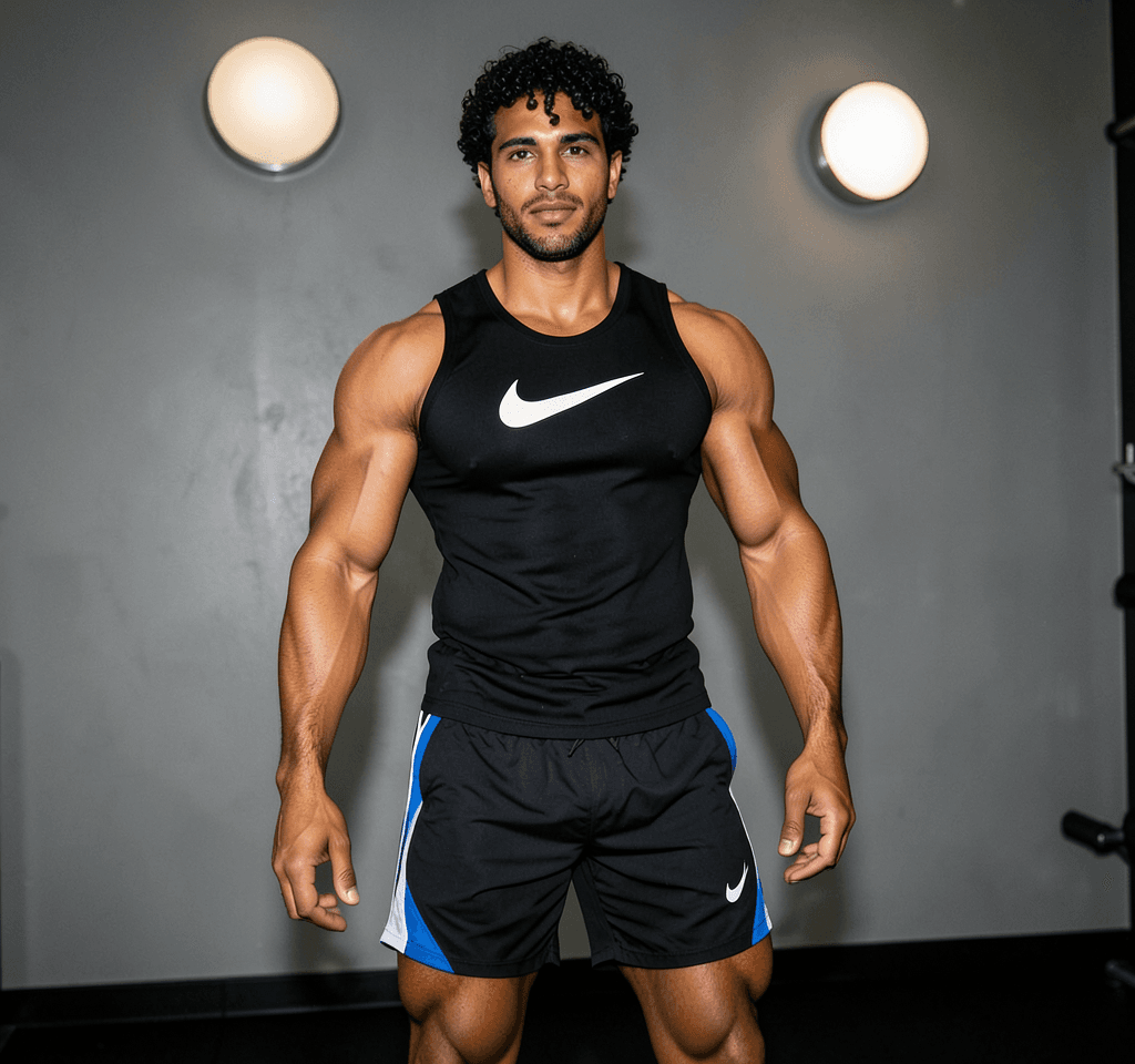 A handsome masculine man seated on gym equipment, mid-torso to upper thighs centered. He wears a