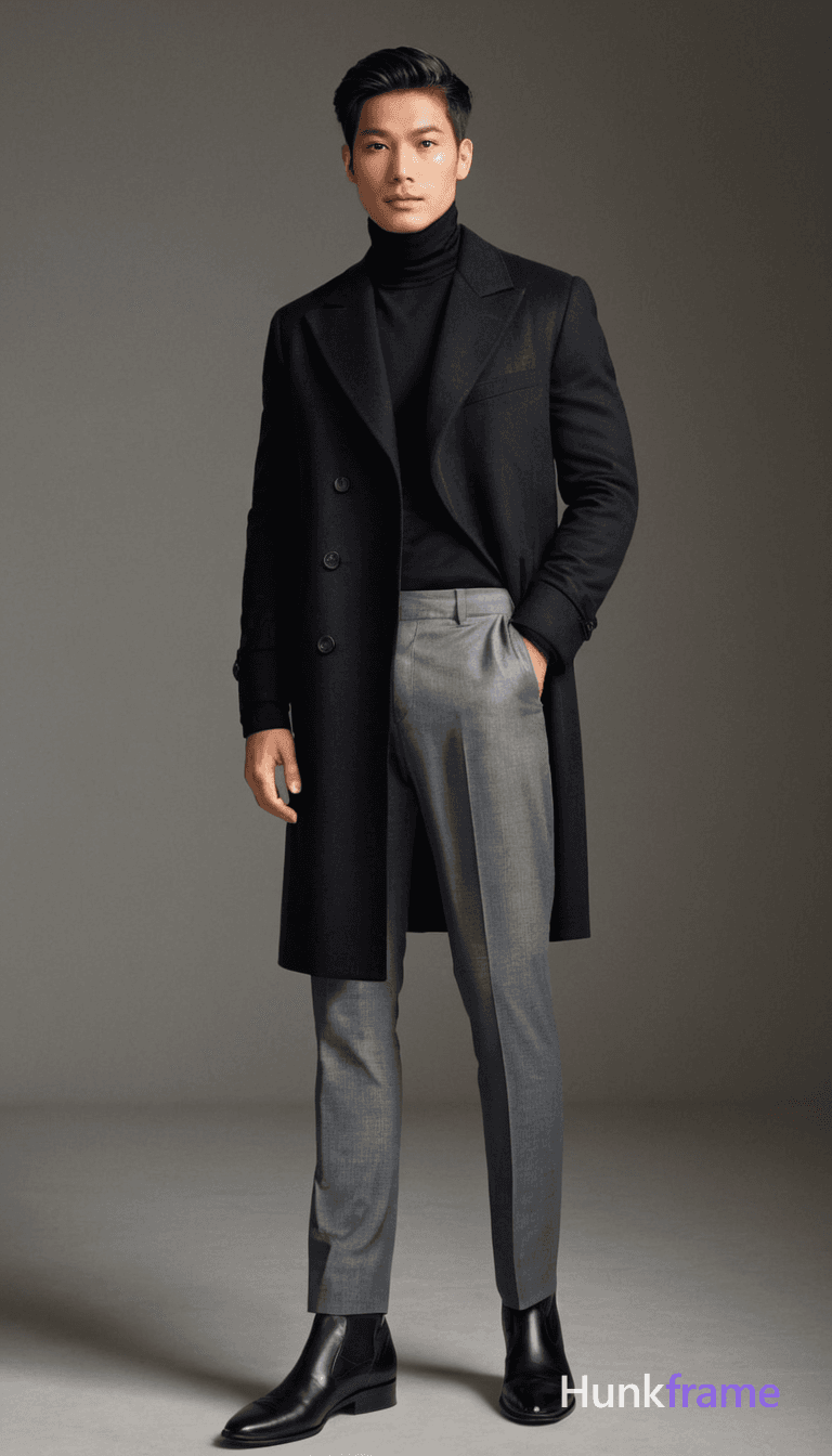 A Thai man with smooth tan skin and gentle eyes poses in a slender an anonymous figure physique, sta