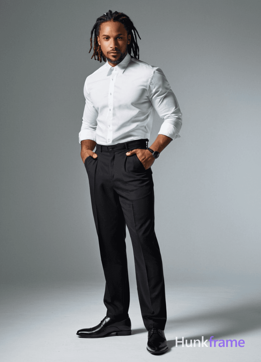 A handsome African man with medium skin, dreadlocks, dark eyes, no glasses or beard, standing confid