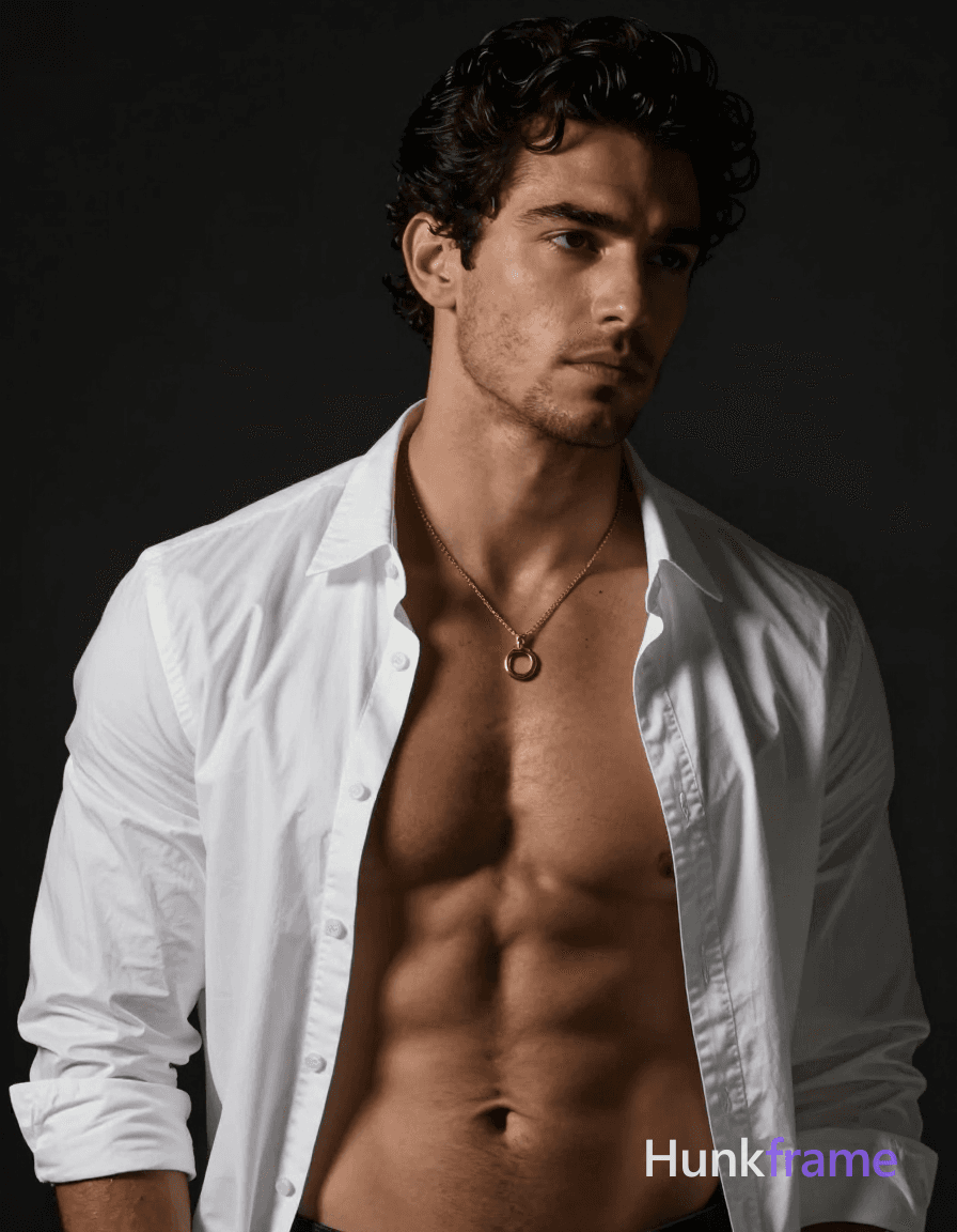 A handsome adult man with medium-dark skin and dark curly short hair stands against a deep black
