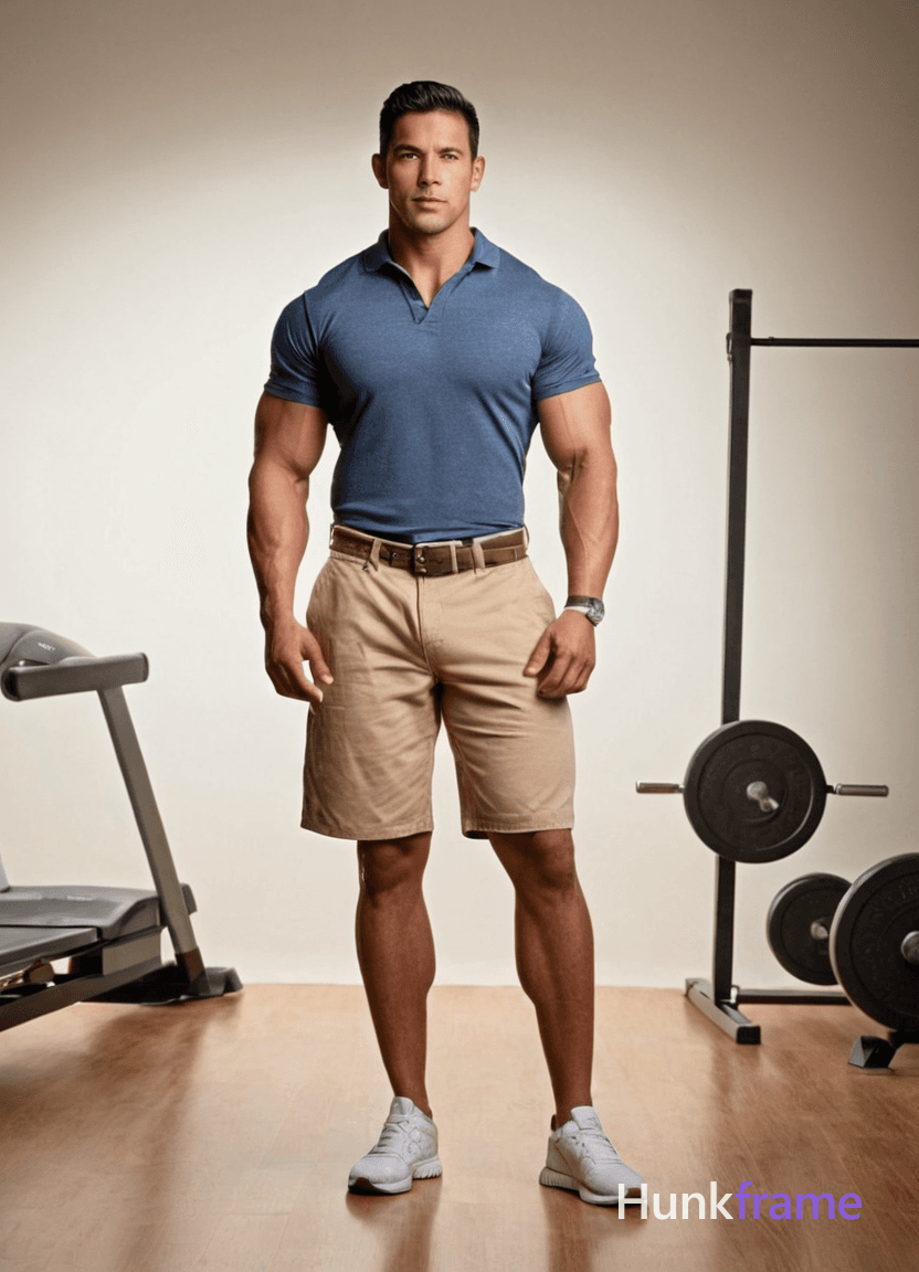 A handsome Hispanic man stands confidently against a neutral-colored backdrop, hands on hips in full