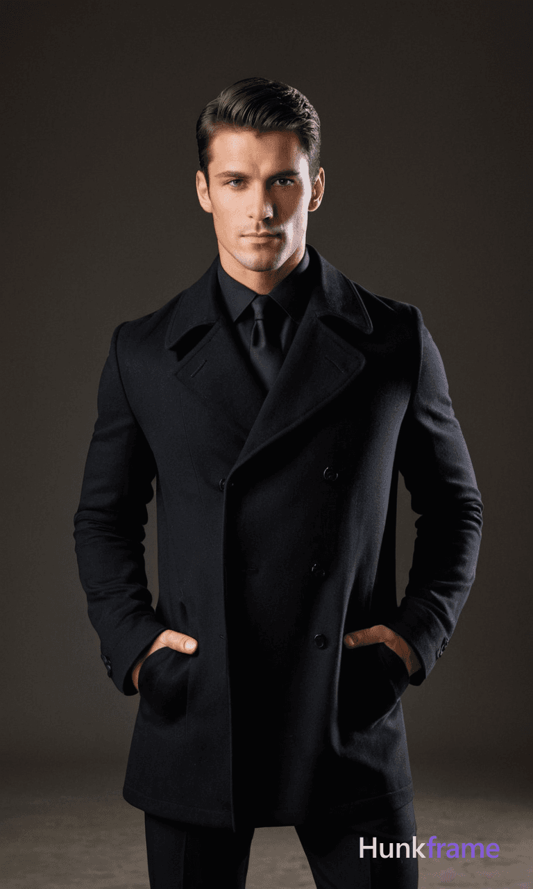 A handsome muscular man standing confidently on a runway in a full-body pose, dressed in black forma