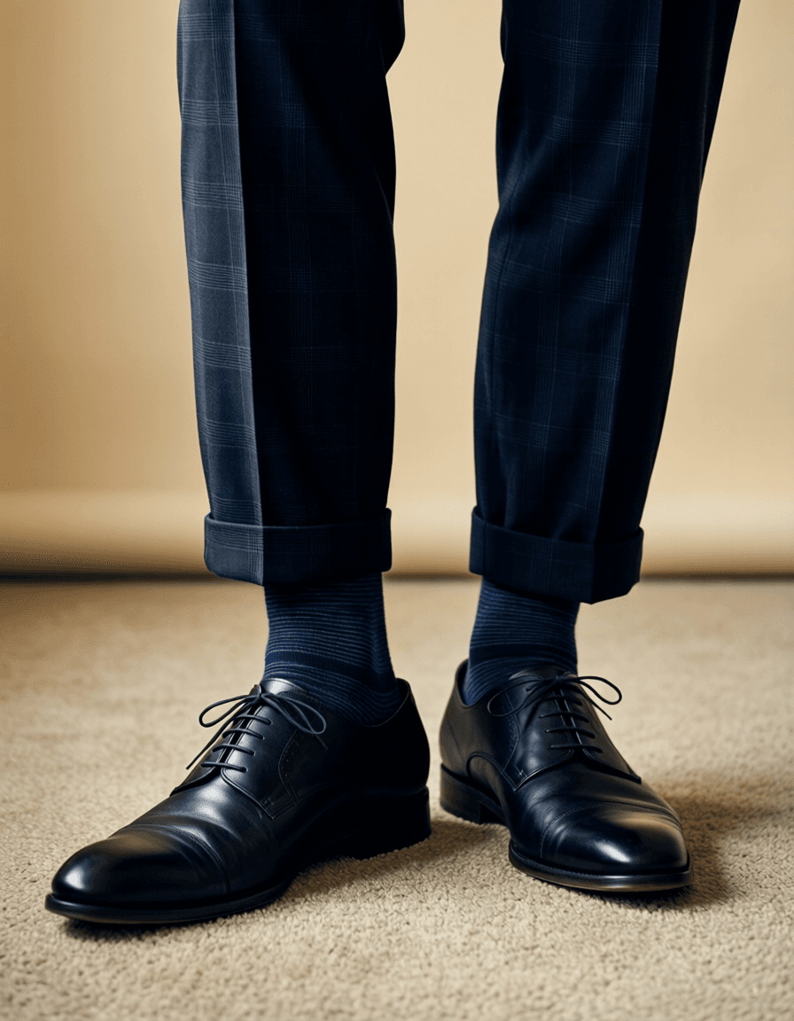High-angle sensual close-up of a confident adult man's lower legs and feet standing on carpeted floor. He wears dark navy trousers with subtle check pattern, cuffed hems revealing dark blue striped socks, and black leather cap-toe brogue dress shoes. Sculpting light creates implied exposure teasing the form against beige background while maintaining tasteful framing. Centered vertical crop excludes head to focus on masculine allure., same aesthetic theme and photo feel as the reference but a different man in a different pose with distinct body proportions, Mediterranean Italian man, olive skin, wavy dark hair, lean surfer body, a single uninterrupted photograph only, no written words or typography anywhere in frame, no captions, no app UI, no social-media post layout, no screenshot borders