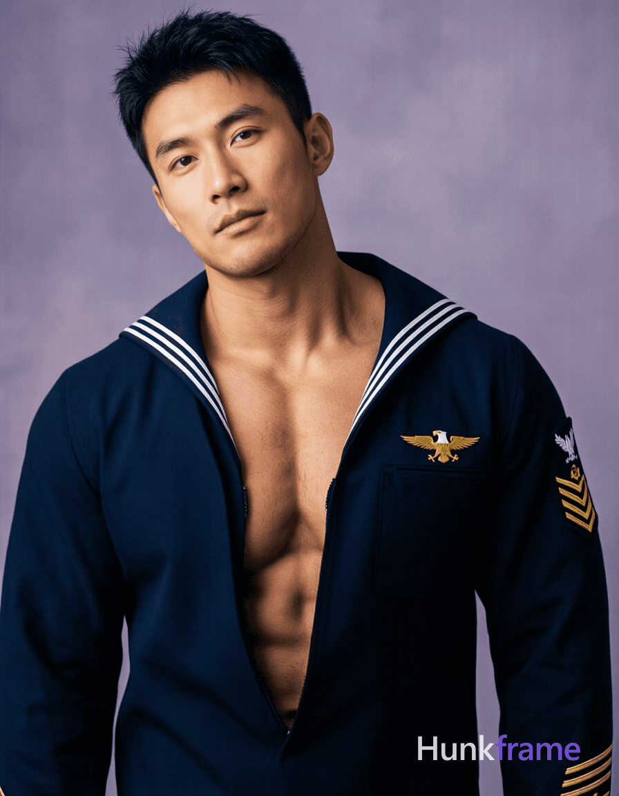 A handsome masculine man standing straight with his head slightly tilted forward. He is shirtless an