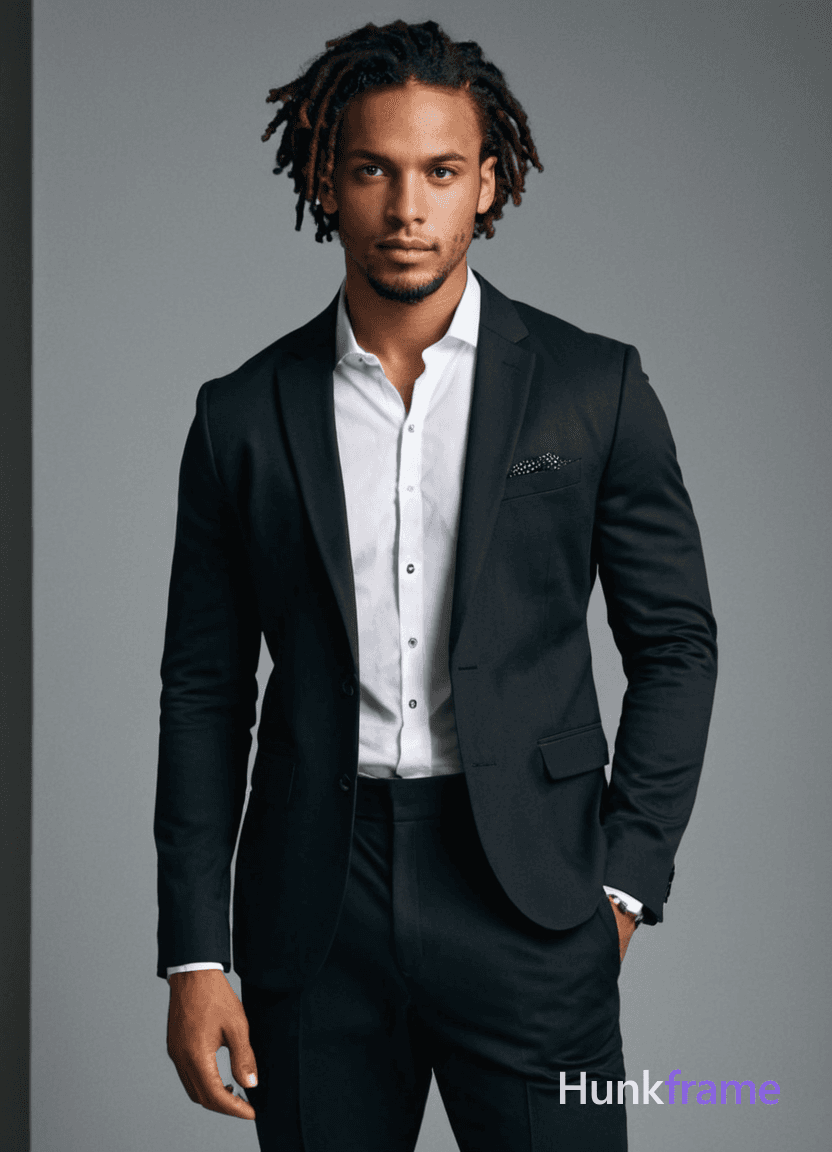 A young adult African man with medium skin, dreadlocks, dark eyes, no glasses or beard, standing con