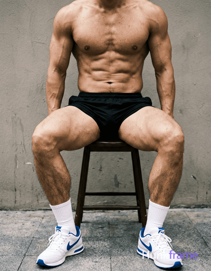 A handsome masculine man with a compact athletic build and emphasis on his legs. The subject is shir