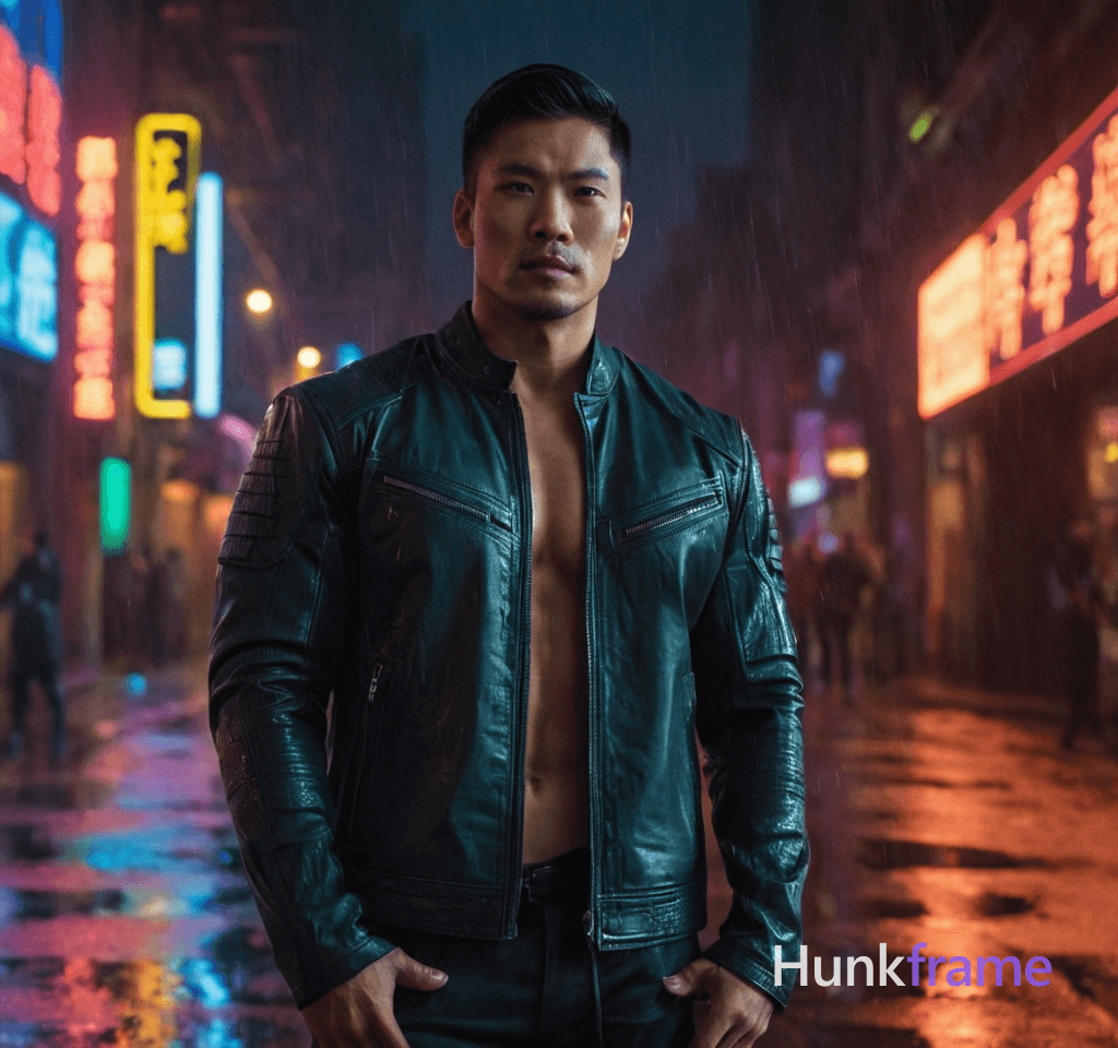 Asian man standing confidently in a cyberpunk cityscape, shirtless with defined abs and chest muscle