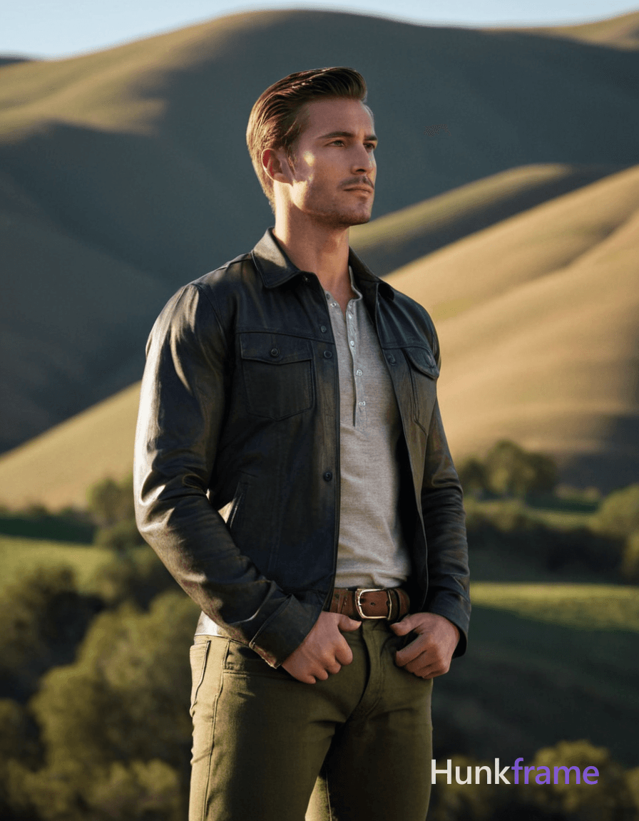 A strong an anonymous figure man stands outdoors in late afternoon, hands together at chest level, d