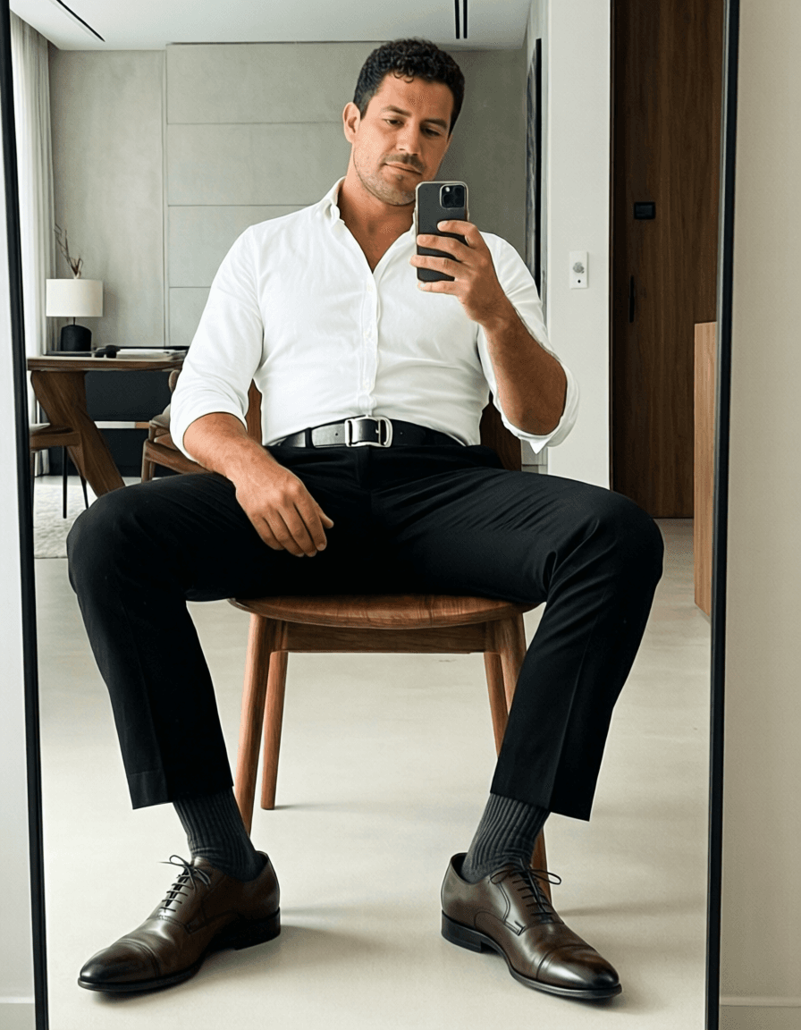 Full-body mirror selfie of an adult man with light-medium skin and short dark hair, seated on a