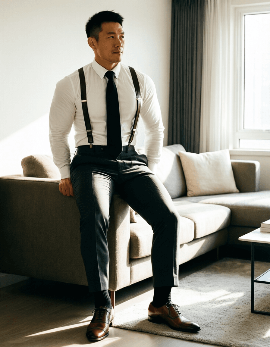 A handsome adult man with light-medium skin and short black hair stands casually in a modern apa