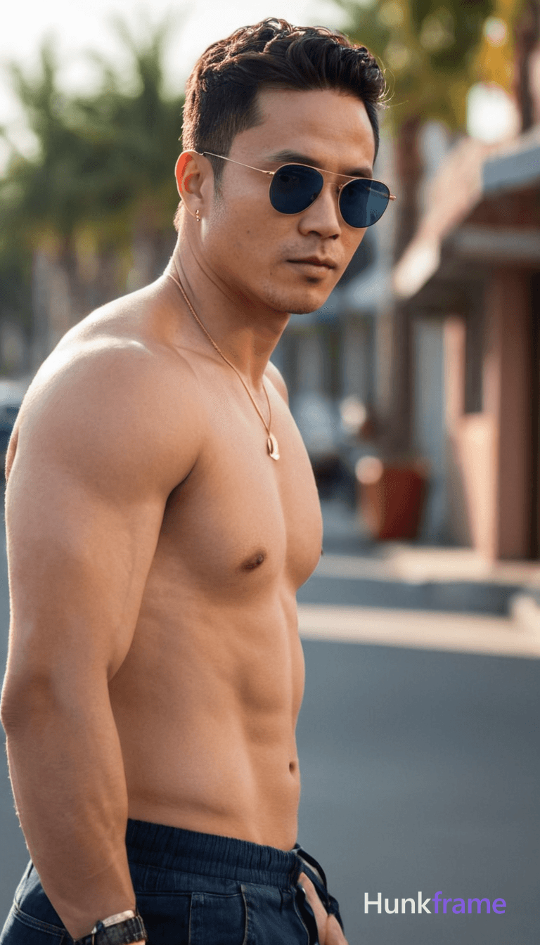A shirtless, muscular man with short dark hair and blue-tinted sunglasses walks confidently on a sun