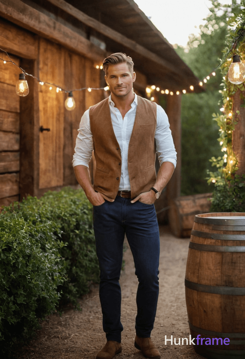 A well-built masculine man standing in a rustic garden with wooden barrels and ivy-covered walls, st