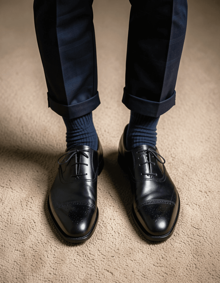 High-angle athletic photography close-up of a muscular adult man's lower legs and feet planted firmly on carpeted floor. He wears dark navy trousers with subtle check pattern, cuffed hems revealing dark blue striped socks, and black leather cap-toe brogue dress shoes. Dramatic directional light highlights defined calf muscles and shoe contours against the beige background. Centered vertical crop excludes head to focus entirely on strength training anatomy and high-detail footwear., a single uninterrupted photograph only, no written words or typography anywhere in frame, no captions, no app UI, no social-media post layout, no screenshot borders
