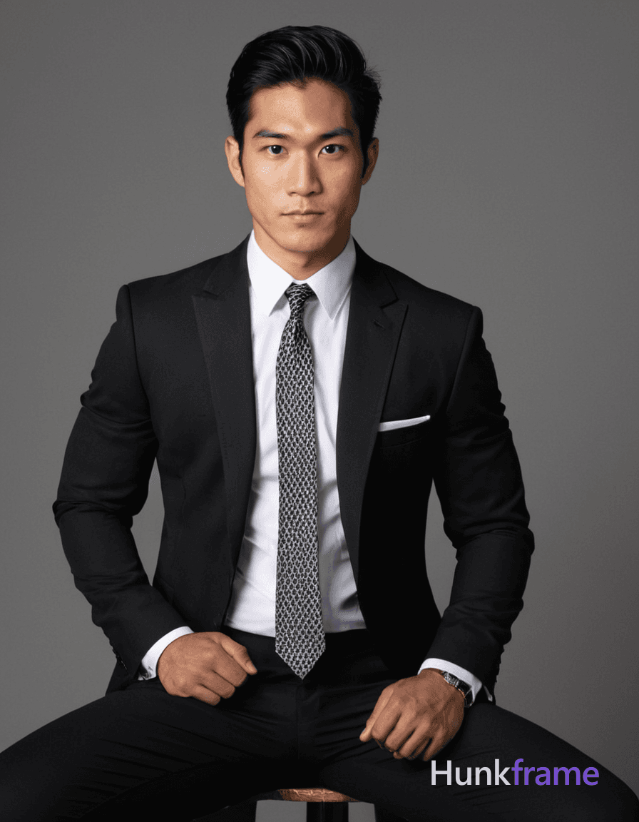 Asian male model seated with a torso-only crop, wearing a black suit jacket and white dress shirt, d