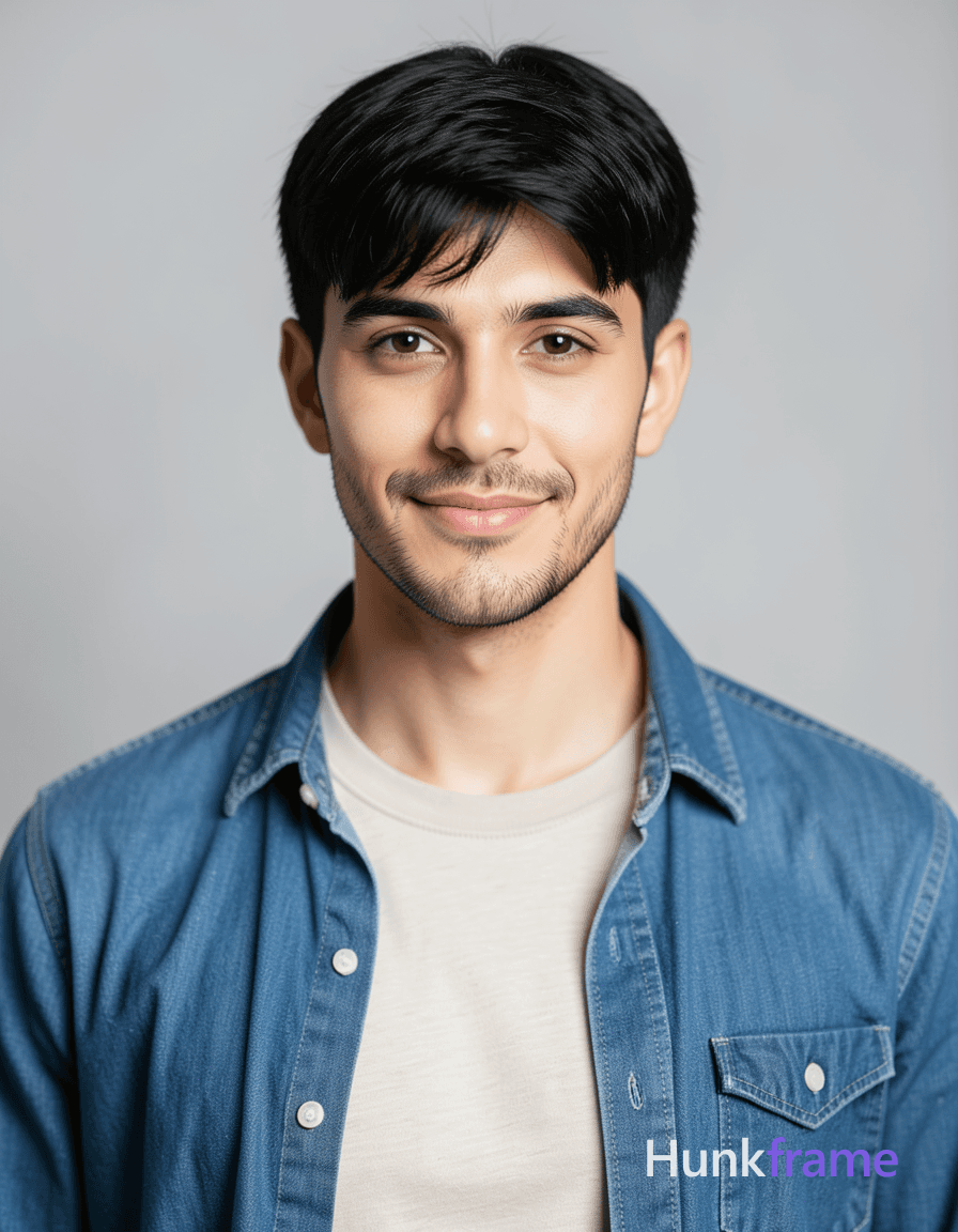 A handsome adult man with light-medium skin and black short hair styled in side-swept bangs stan