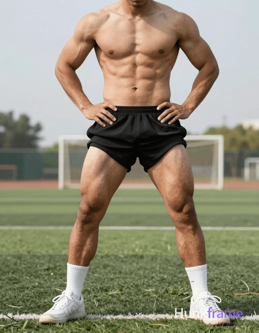 Photoreal photograph of a shirtless man standing on a soccer field with legs apart, torso slightly l