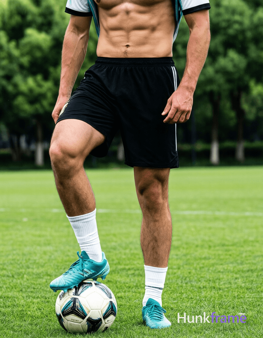 A photorealistic photograph of a shirtless man in an Argentina soccer jersey, black shorts, whit