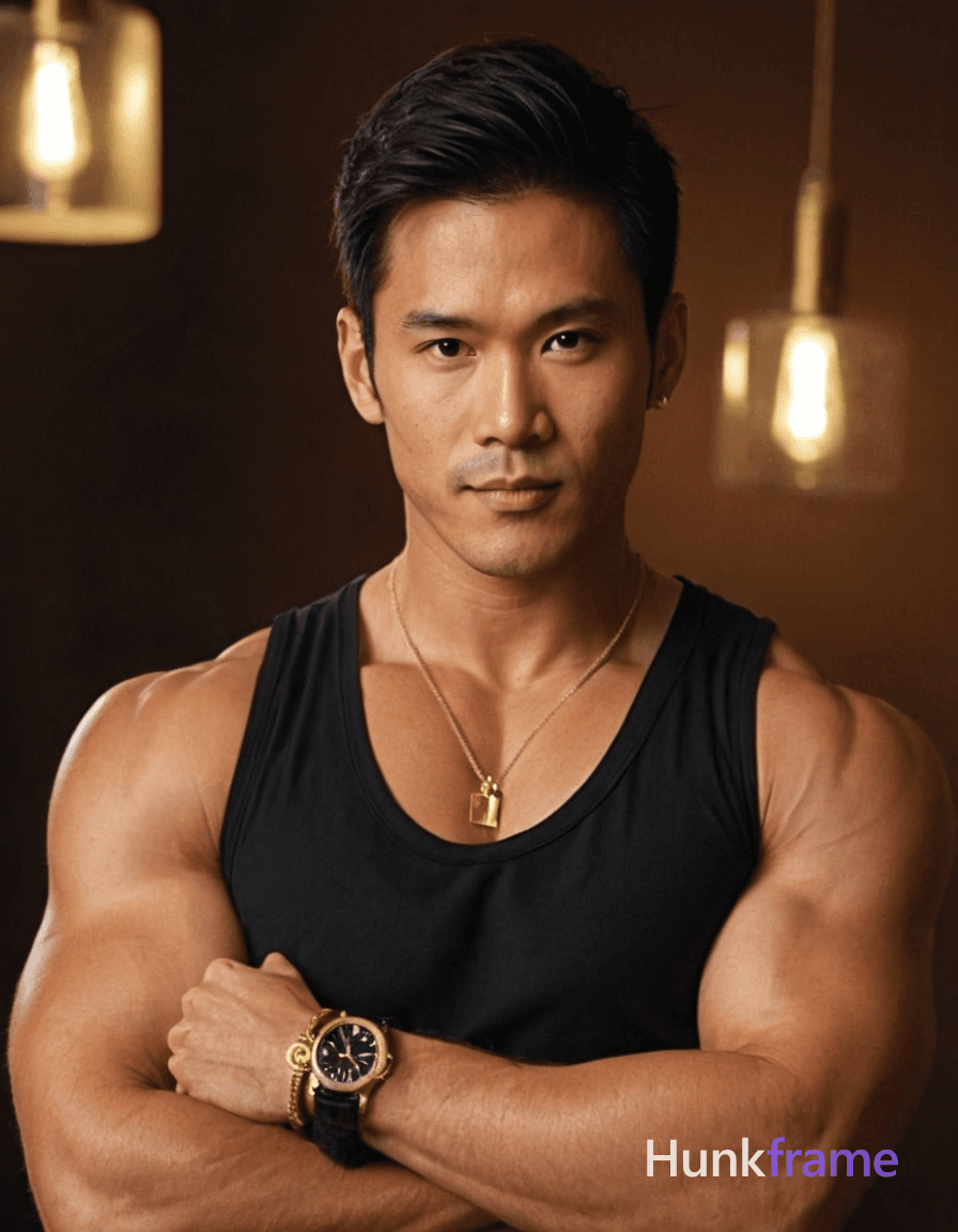 shirtless man with muscular build, arms crossed over chest, hand resting on fur collar, head slightl