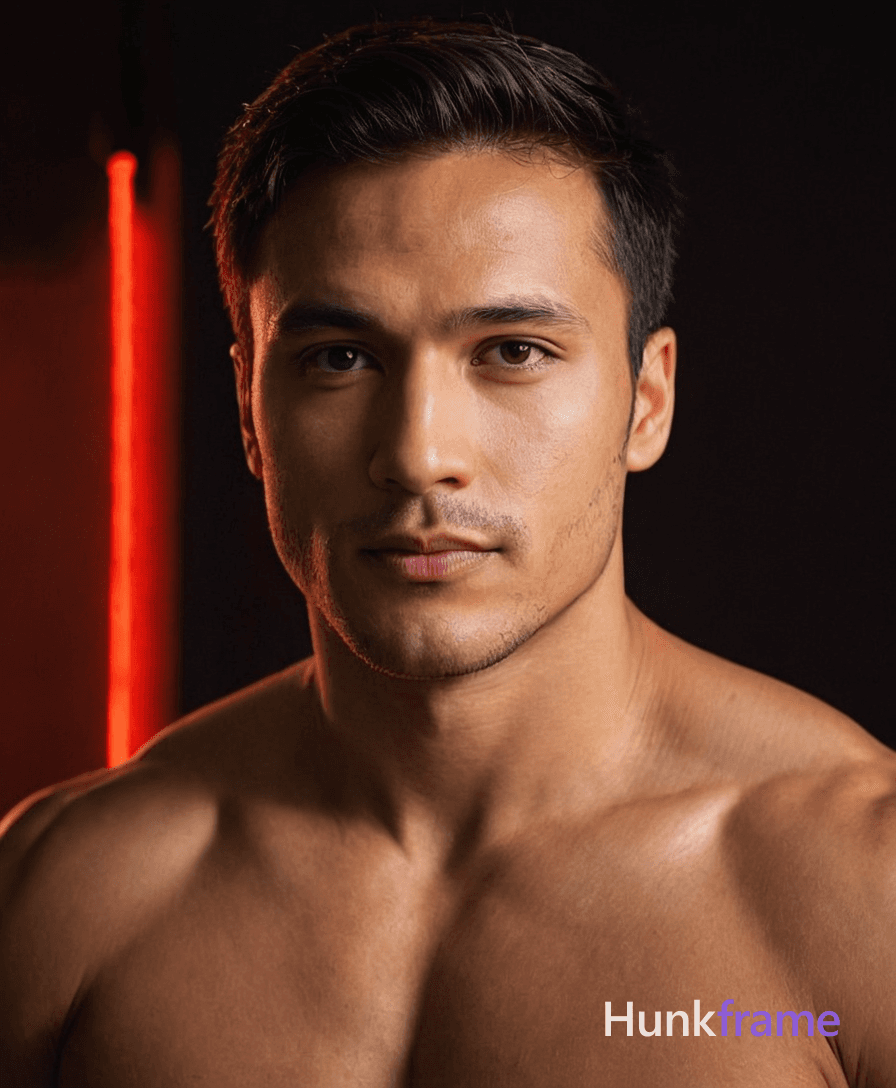 A close-up portrait of a handsome masculine man with a shirtless bare chest, head slightly tilted fo