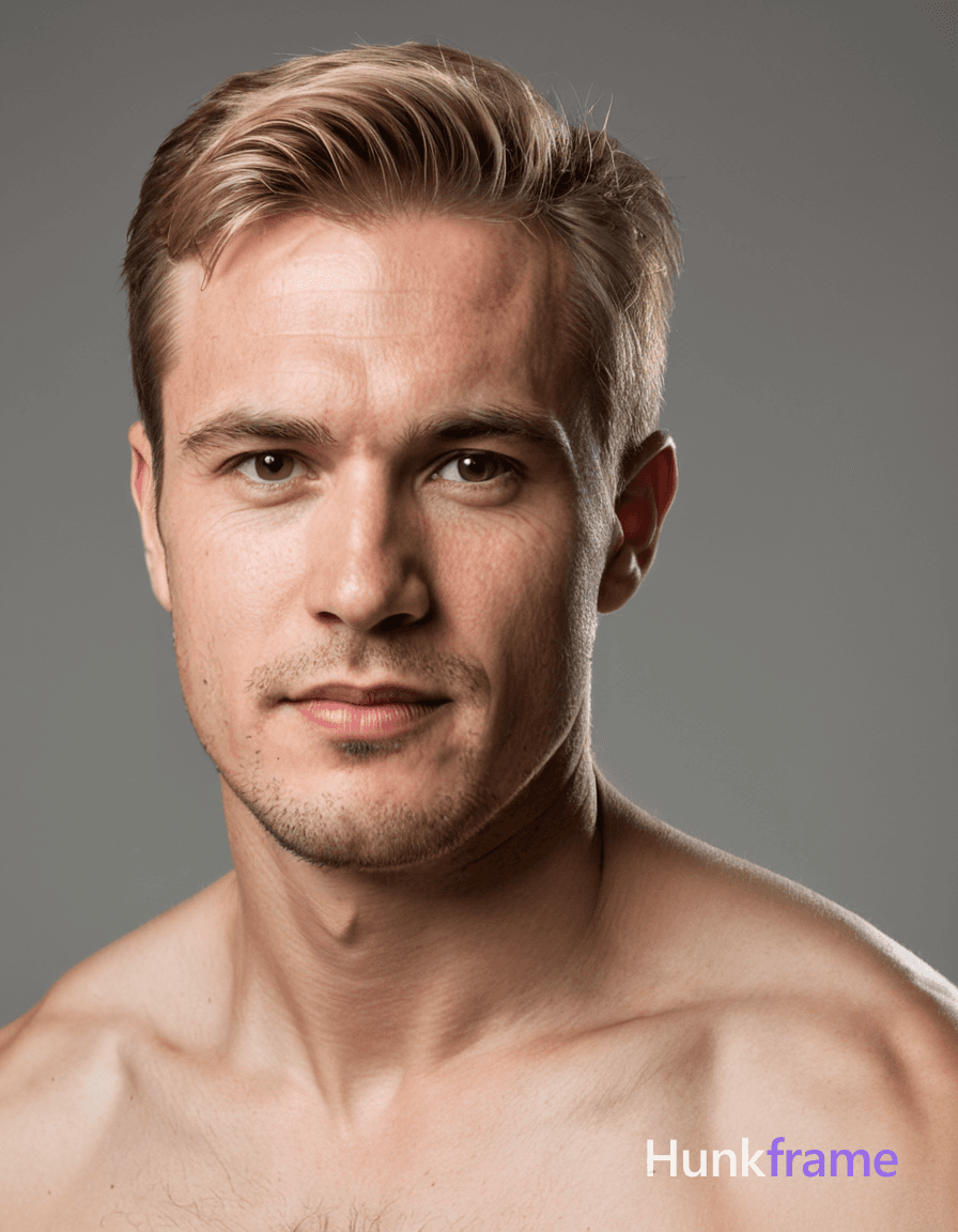 A handsome caucasian man with short blond hair featuring a side parting and fade sides stands in