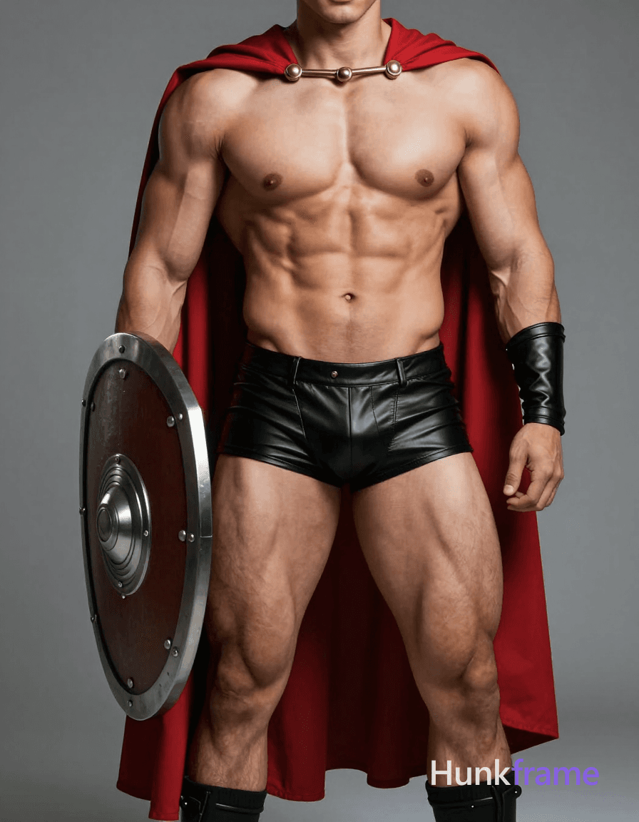 Photoreal photograph of a handsome masculine man standing with one hand on a shield, torso sligh