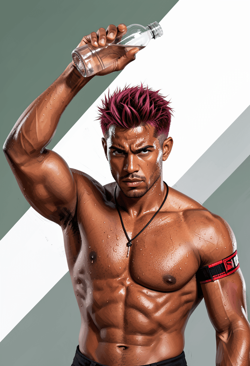 A striking medium-brown skinned man with short spiky reddish-purple hair and sweat droplets stands shirtless, displaying highly muscular chest and shoulders. He holds a transparent bottle above his head while wearing a black cord necklace and red-and-black armband on the left arm against an abstract gray-green-white background with diagonal panels. Clean negative space frames intense focused gaze under soft directional lighting from upper left. The vertical portrait composition uses painterly brushwork to create full-bleed phone wallpaper, emphasizing dynamic motion lines and premium masculine aesthetic., a single uninterrupted photograph only, no written words or typography anywhere in frame, no captions, no app UI, no social-media post layout, no screenshot borders
