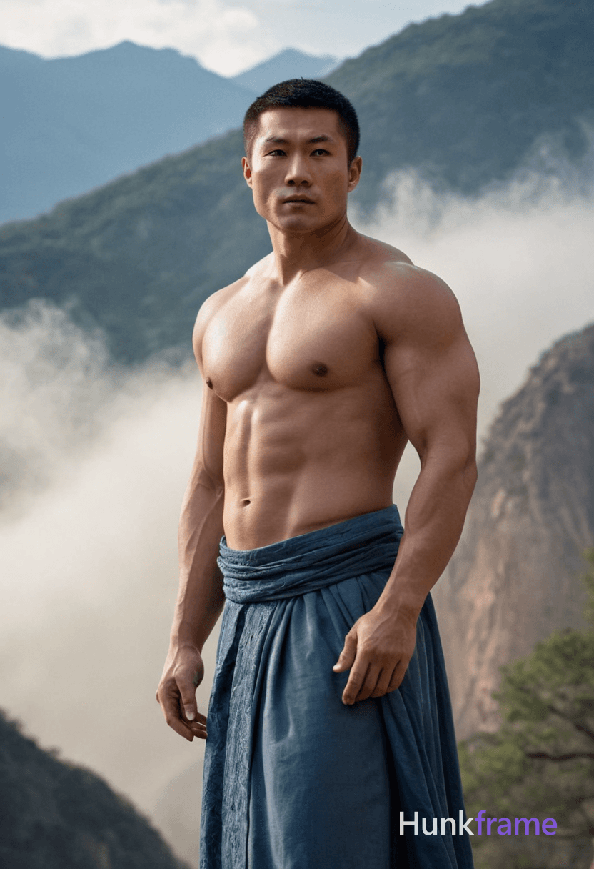 A muscular Asian man in elegant Chinese robes standing against a backdrop of misty ink wash mountain