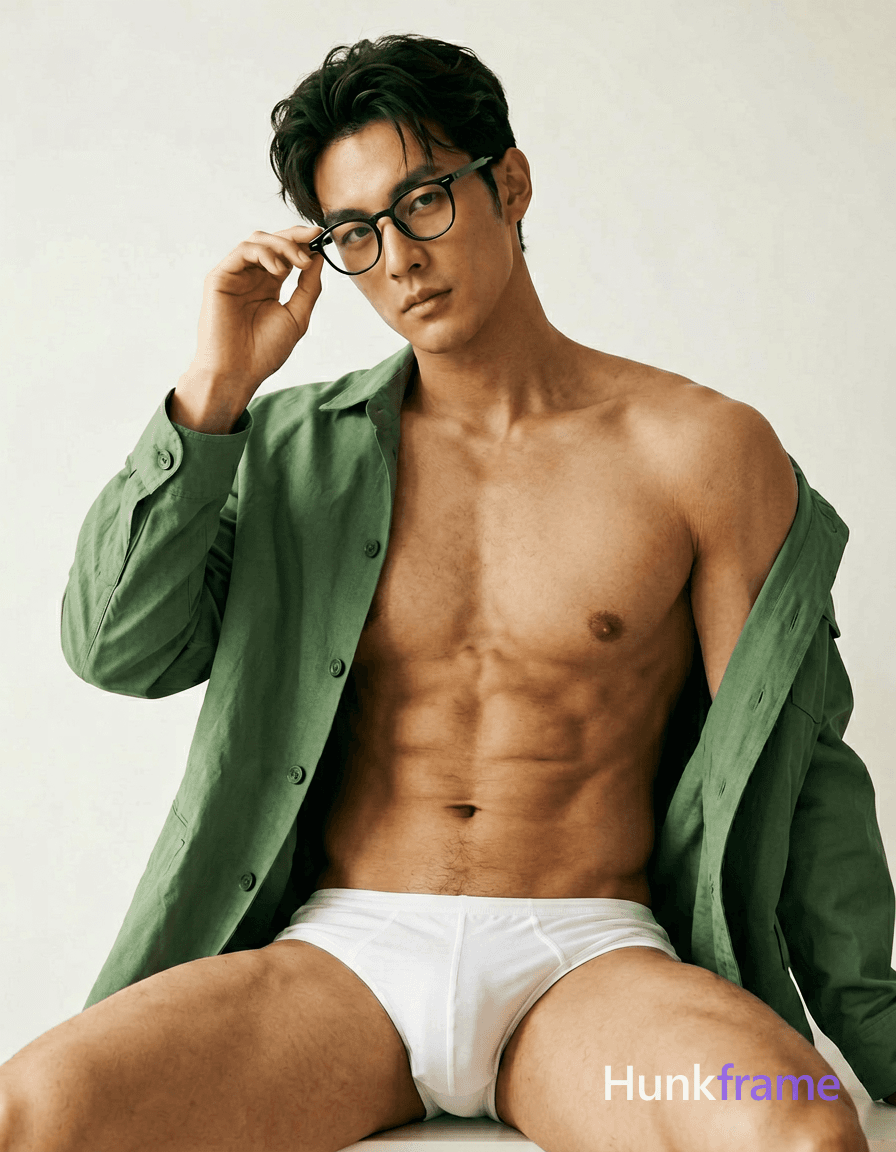 A stylish and artistic portrait of a handsome man with glasses, seated and holding them near his
