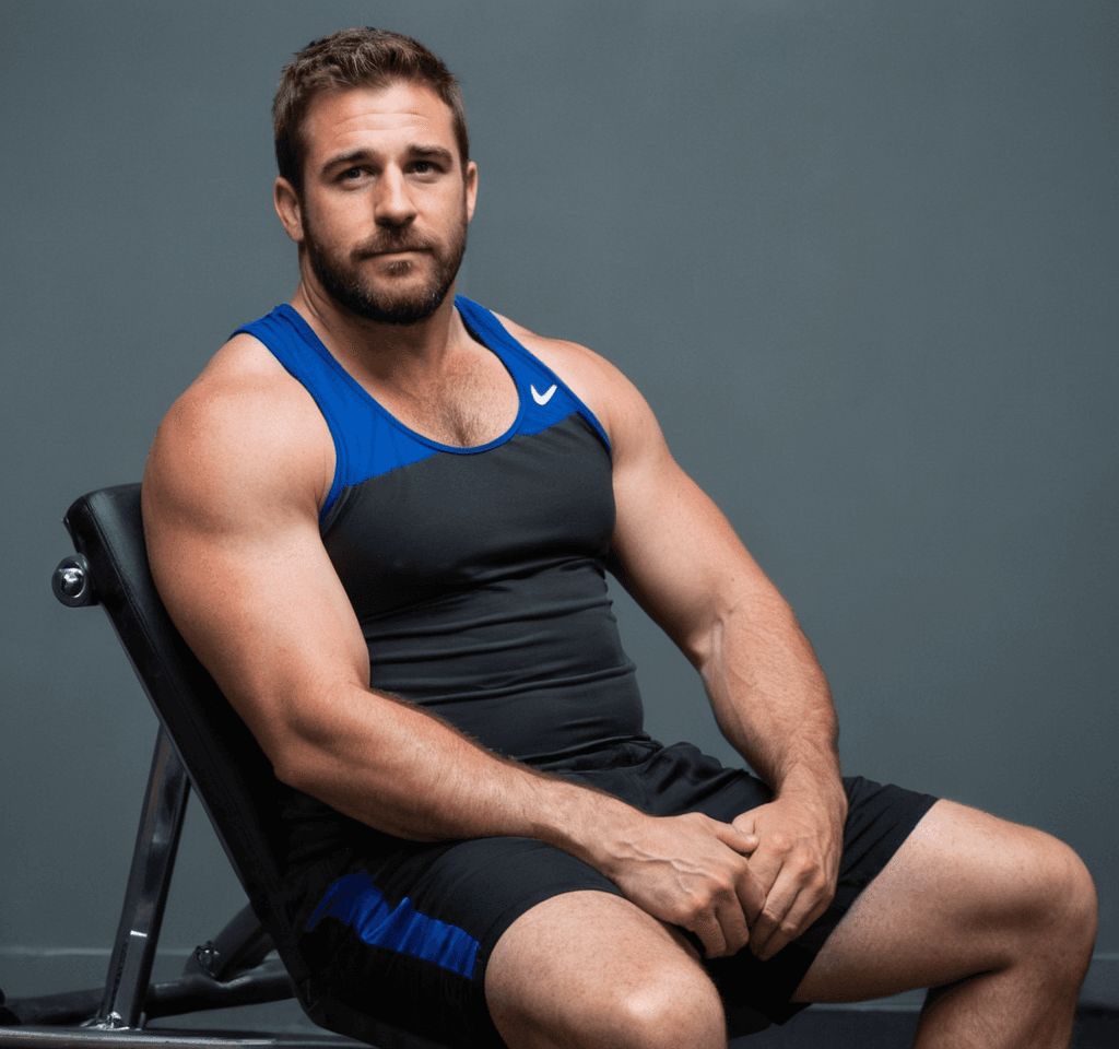 A handsome masculine man seated on gym equipment, mid-torso to upper thighs centered. He wears a