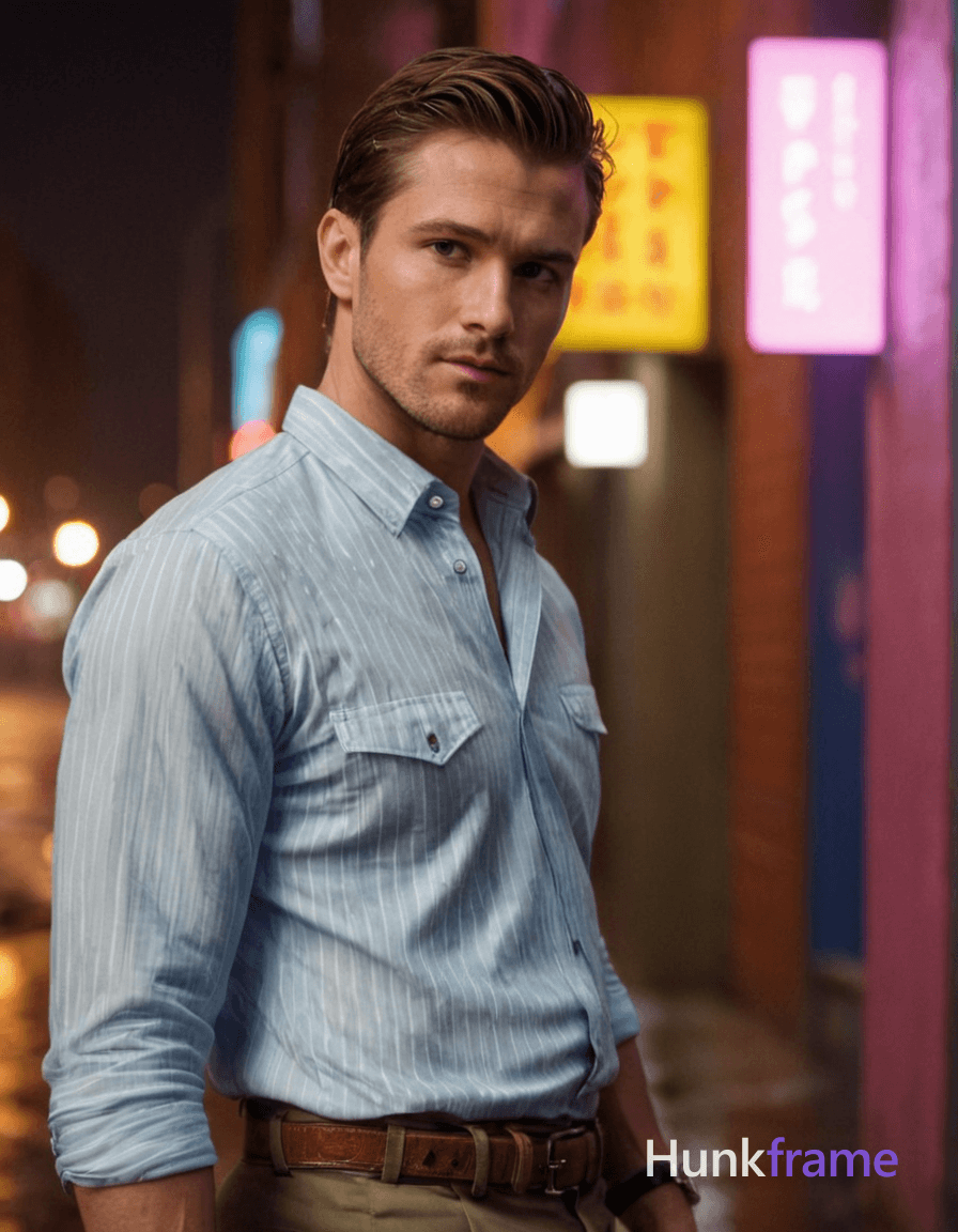 A shirtless man stands in a neon-lit alleyway of a cyberpunk metropolis, raindrops glistening on his