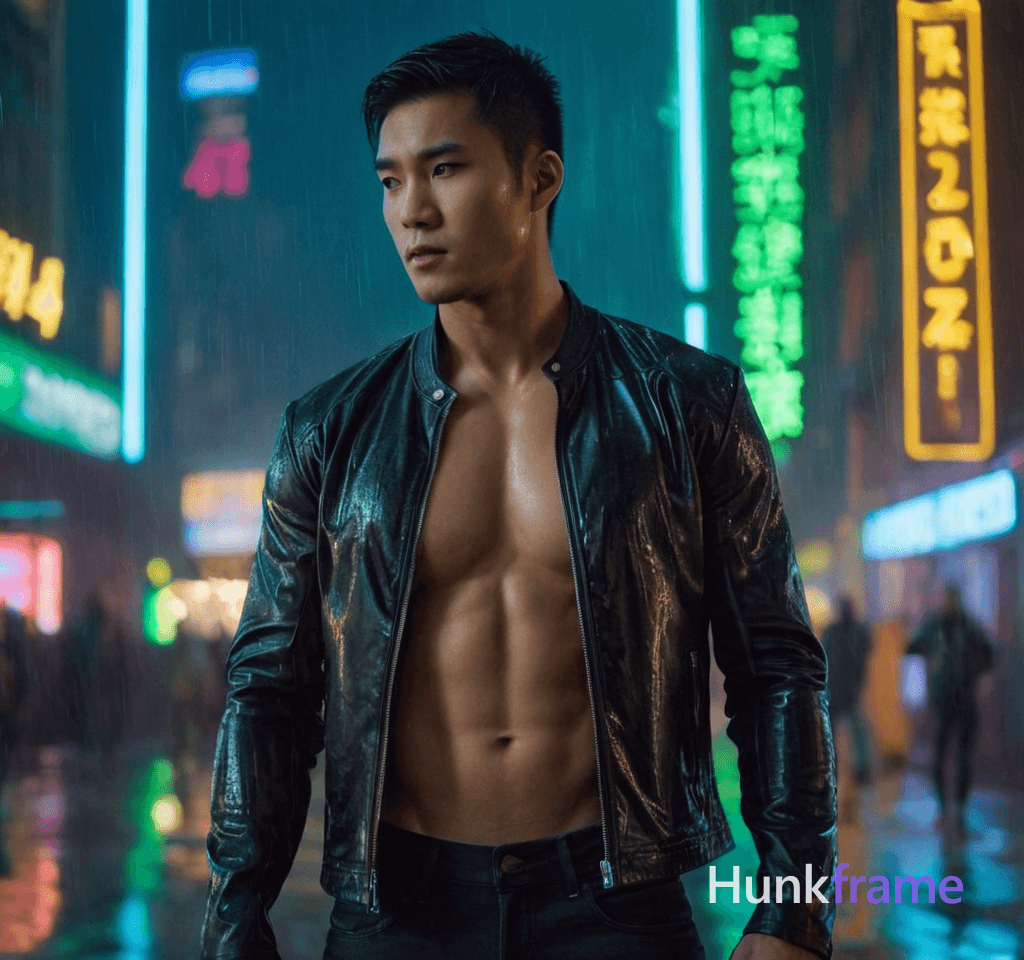 Athletic young Asian man standing in a rain-drenched cyberpunk metropolis, wearing a black leather j