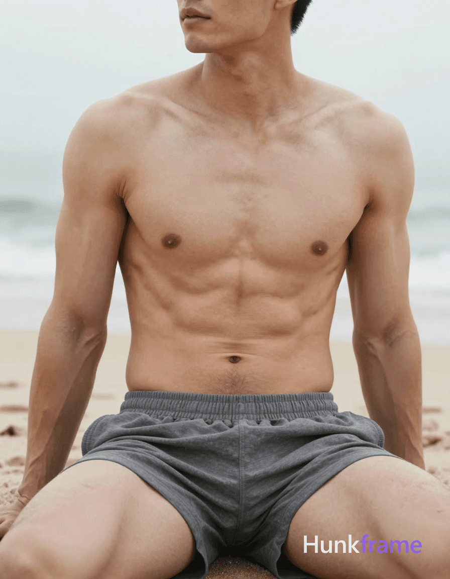 A photorealistic photograph of a handsome, masculine male with defined abs and broad shoulders,