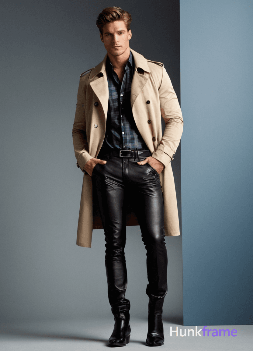 A dynamic full-body shot of a young adult male in an editorial fashion setting, capturing his mascul