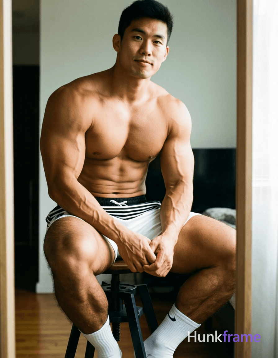 A handsome young Asian man seated on a stool in front of a mirror, shirtless with white socks an