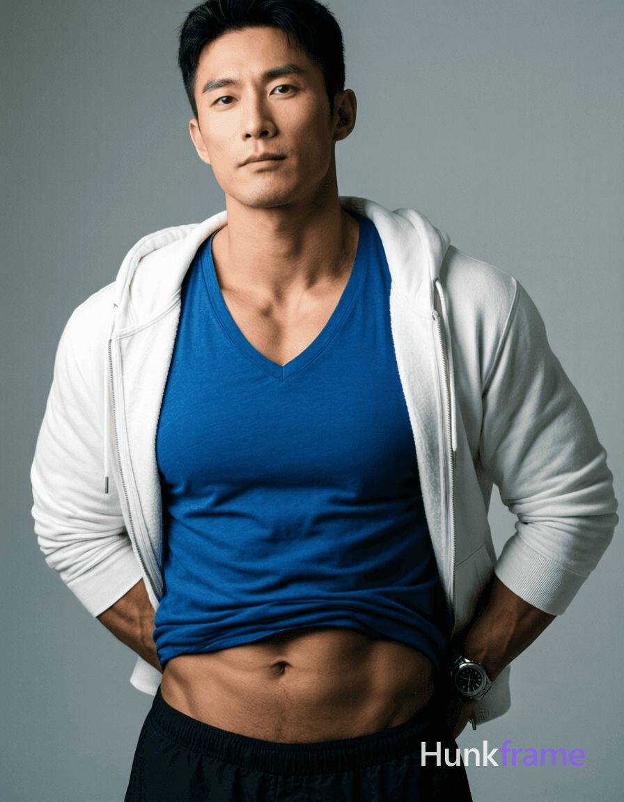 A handsome Asian man standing with his torso slightly angled to the side, hands behind his back,